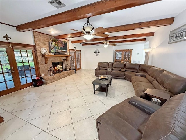 8809 Belle Grove Pl, River Ridge, LA 70123 - living room with light tile patterned floors, ceiling fan, french doors, beamed ceiling, and a fireplace