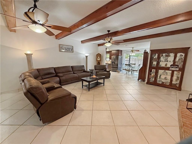 8809 Belle Grove Pl, River Ridge, LA 70123 - living room featuring ceiling fan, beam ceiling, and light tile patterned floors