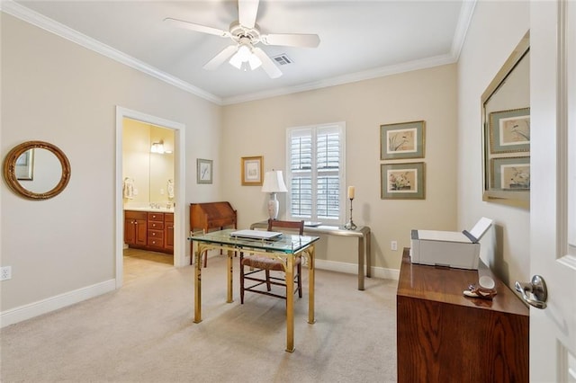 404 Southdown Loop, Covington, LA 70433 - office area featuring ornamental molding, light colored carpet, a ceiling fan, and baseboards