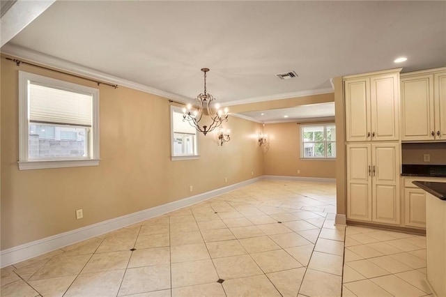 6219 Perlita Dr, New Orleans, LA 70122 - unfurnished dining area with crown molding, baseboards, recessed lighting, a chandelier, and light tile patterned flooring