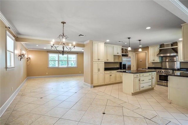 6219 Perlita Dr, New Orleans, LA 70122 - kitchen featuring stainless steel appliances, wall chimney range hood, cream cabinets, a chandelier, and crown molding