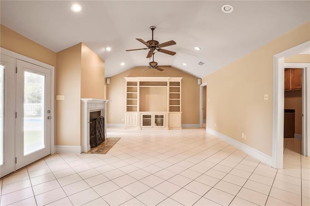 6219 Perlita Dr, New Orleans, LA 70122 - unfurnished living room with a ceiling fan, lofted ceiling, a fireplace, light tile patterned flooring, and recessed lighting