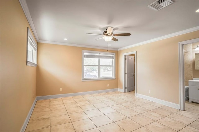 6219 Perlita Dr, New Orleans, LA 70122 - spare room with healthy amount of natural light, a ceiling fan, ornamental molding, light tile patterned flooring, and baseboards