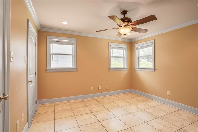 6219 Perlita Dr, New Orleans, LA 70122 - unfurnished room with ornamental molding, a ceiling fan, light tile patterned floors, and baseboards