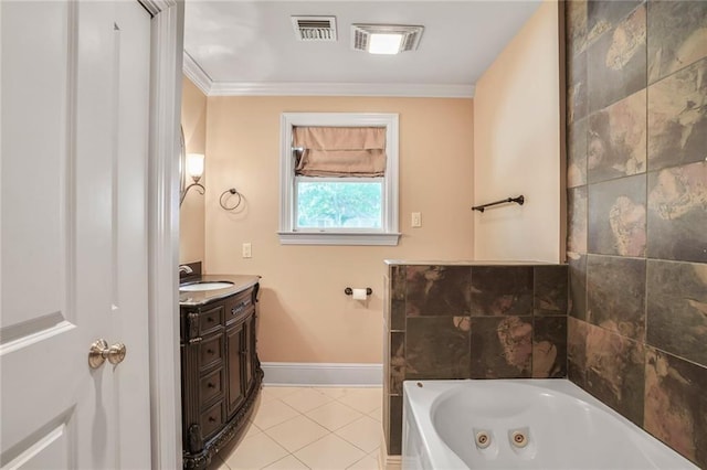 6219 Perlita Dr, New Orleans, LA 70122 - full bathroom featuring a tub with jets, tile patterned floors, vanity, baseboards, and crown molding