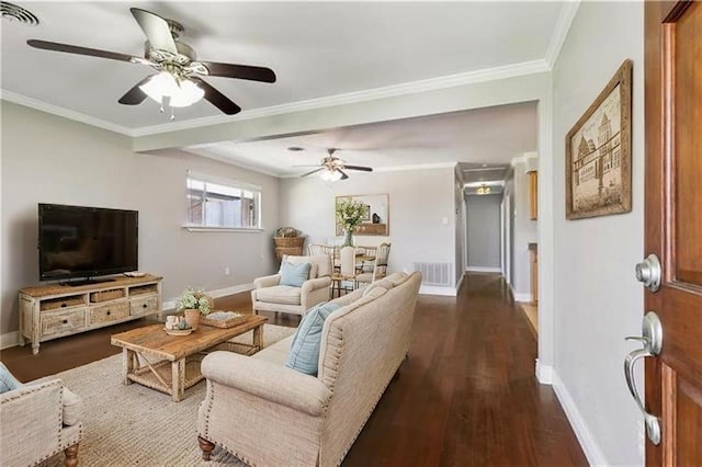 4804 Antonini Dr, Metairie, LA 70006 - living area featuring baseboards, dark wood finished floors, ceiling fan, and ornamental molding