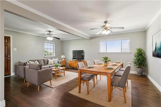 4804 Antonini Dr, Metairie, LA 70006 - dining area featuring dark wood finished floors, a ceiling fan, ornamental molding, and baseboards