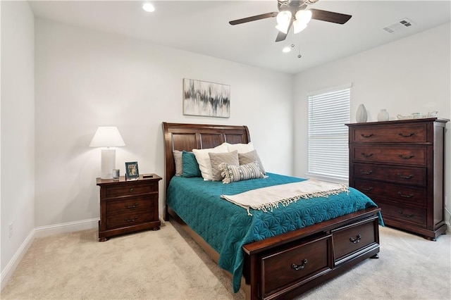 39651 Fairhope Dr, Ponchatoula, LA 70454 - bedroom featuring light carpet, baseboards, recessed lighting, and a ceiling fan