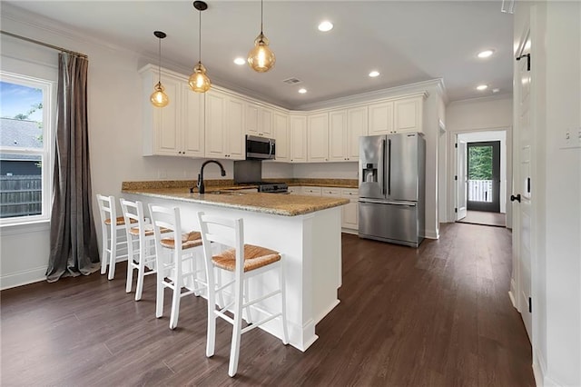 72163 Indian Trail Rd, Abita Springs, LA 70420 - kitchen featuring appliances with stainless steel finishes, a peninsula, dark wood finished floors, a sink, and ornamental molding