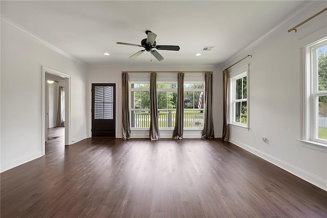 72163 Indian Trail Rd, Abita Springs, LA 70420 - unfurnished room with a ceiling fan, dark wood-style floors, baseboards, crown molding, and recessed lighting