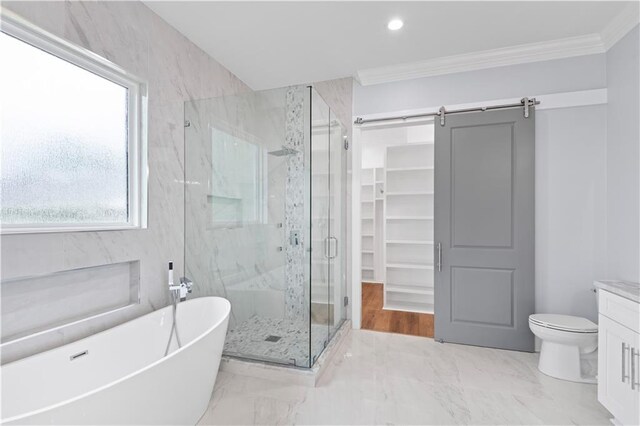 1208 Lucille Ave, Metairie, LA 70003 - full bath with a marble finish shower, crown molding, a freestanding bath, marble finish flooring, and vanity
