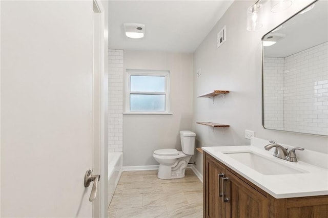 4509 Purdue Dr, Metairie, LA 70003 - bathroom with vanity, toilet, baseboards, marble finish floors, and bathtub / shower combination