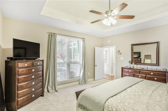 1067 Scarlet Oak Ln, Mandeville, LA 70448 - bedroom featuring light colored carpet, a tray ceiling, crown molding, and a ceiling fan