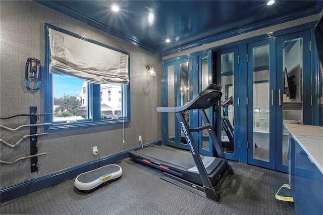 5936 Chestnut St, New Orleans, LA 70115 - workout room with crown molding, french doors, carpet flooring, and recessed lighting