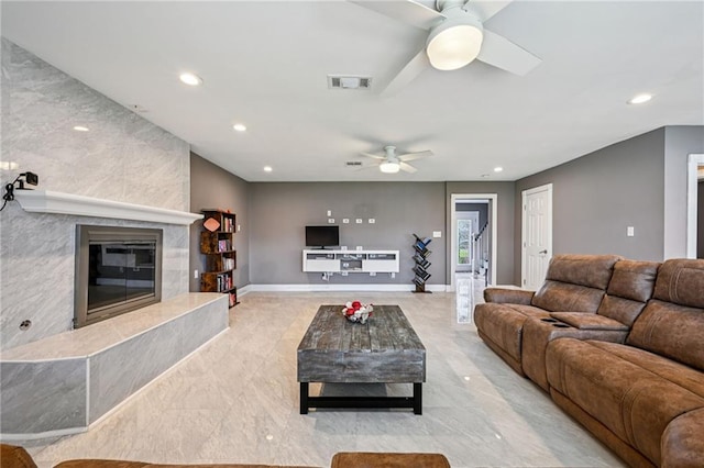 3816 Jean Lafitte Pkwy, Chalmette, LA 70043 - living area with a ceiling fan, recessed lighting, and a fireplace