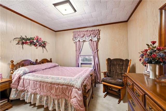 2108 Washington St, Franklinton, LA 70438 - bedroom featuring ornamental molding, light colored carpet, and wood walls