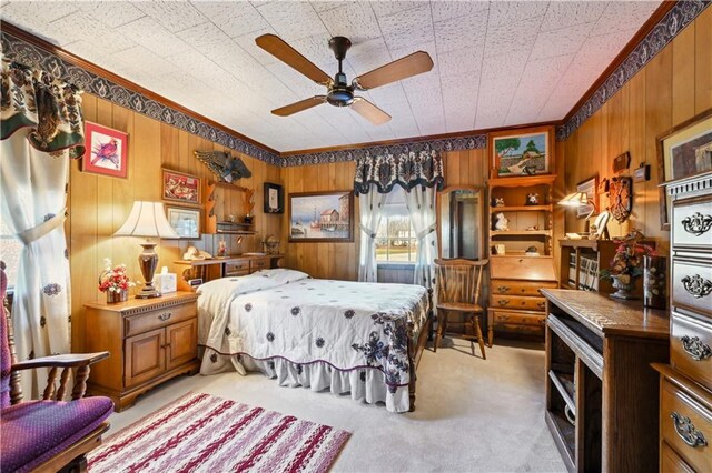 2108 Washington St, Franklinton, LA 70438 - bedroom featuring crown molding, light carpet, and wooden walls