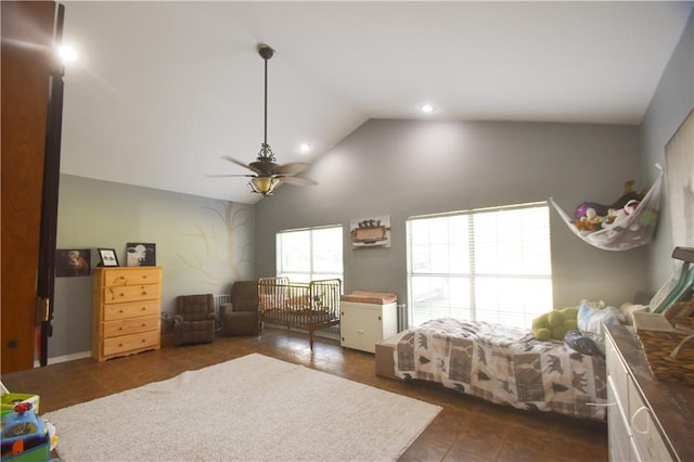 62283 Chappepeela Ridge Rd, Amite, LA 70422 - bedroom featuring high vaulted ceiling, a ceiling fan, dark tile patterned flooring, and recessed lighting