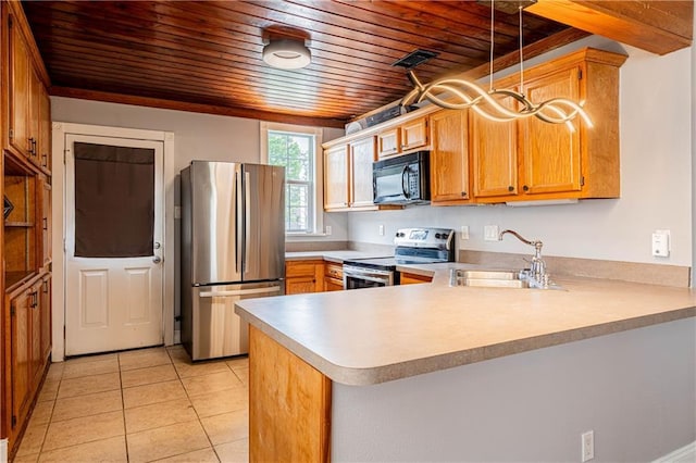 1017 Marian Ave, Metairie, LA 70001 - kitchen featuring stainless steel appliances, a sink, wood ceiling, a peninsula, and light tile patterned floors