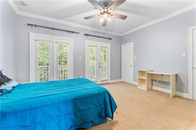5315 Arlington Ct, Baton Rouge, LA 70820 - bedroom featuring access to exterior, carpet flooring, french doors, ornamental molding, and ceiling fan