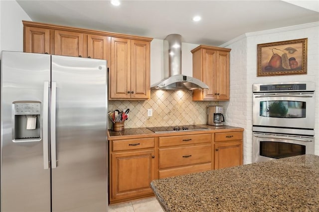 63 Doubloon Dr, Slidell, LA 70461 - kitchen featuring stainless steel appliances, wall chimney exhaust hood, tasteful backsplash, recessed lighting, and light tile patterned flooring