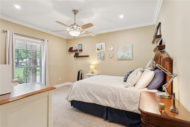 63 Doubloon Dr, Slidell, LA 70461 - bedroom featuring carpet floors, crown molding, a ceiling fan, baseboards, and recessed lighting
