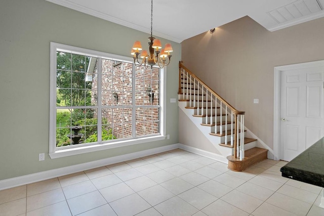 444 Trailhead Dr, Abita Springs, LA 70420 - unfurnished dining area featuring a chandelier, ornamental molding, stairway, baseboards, and tile patterned flooring