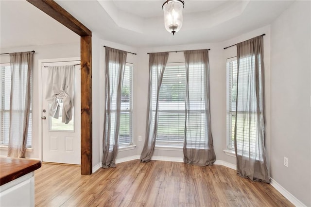 185 Lark St, Slidell, LA 70460 - entrance foyer with light wood-style flooring, a tray ceiling, and baseboards