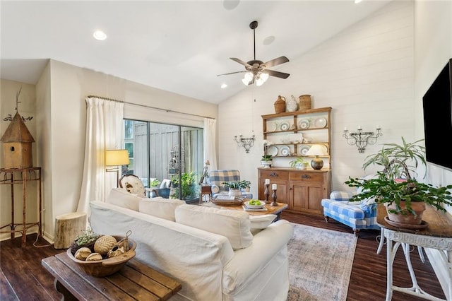 8 S Court Villa Unit 8, Mandeville, LA 70471 - living area featuring lofted ceiling, wood finished floors, ceiling fan, and recessed lighting