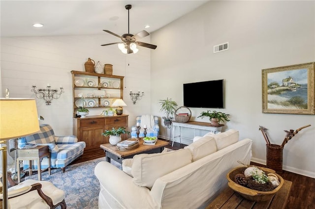 8 S Court Villa Unit 8, Mandeville, LA 70471 - living room with wood finished floors, ceiling fan, baseboards, high vaulted ceiling, and recessed lighting