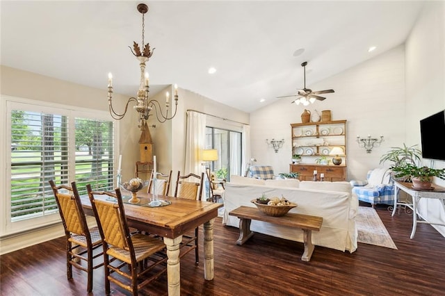8 S Court Villa Unit 8, Mandeville, LA 70471 - dining space featuring lofted ceiling, wood finished floors, ceiling fan, and a chandelier