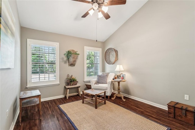8 S Court Villa Unit 8, Mandeville, LA 70471 - sitting room featuring wood finished floors, a ceiling fan, baseboards, and vaulted ceiling