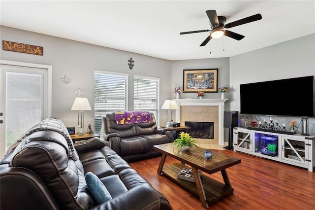 317 Haven Way, Lacombe, LA 70445 - living area with a ceiling fan, wood finished floors, and a fireplace