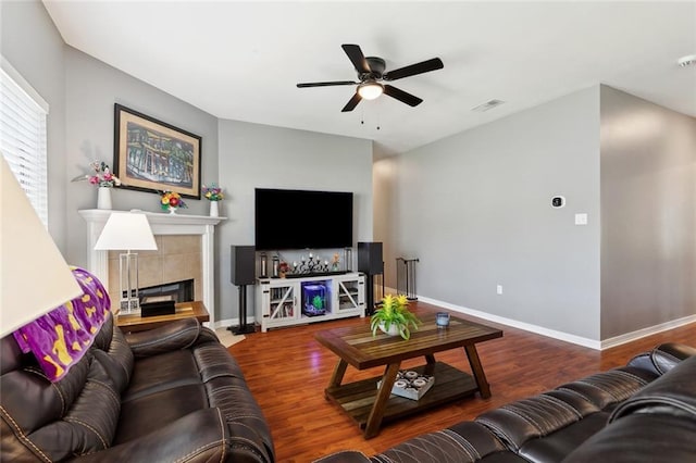 317 Haven Way, Lacombe, LA 70445 - living room with a ceiling fan, wood finished floors, baseboards, and a tiled fireplace