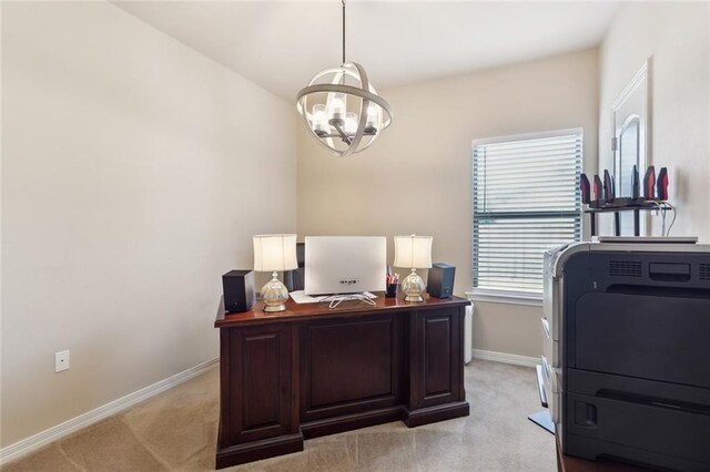 317 Haven Way, Lacombe, LA 70445 - home office with light colored carpet, a chandelier, and baseboards