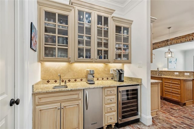 126 Tchefuncta Dr S, Covington, LA 70433 - indoor wet bar with wine cooler, fridge, decorative backsplash, crown molding, and brick flooring