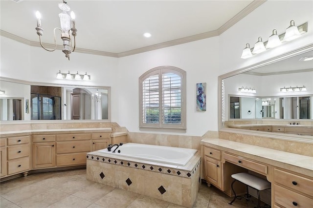 126 Tchefuncta Dr S, Covington, LA 70433 - bathroom featuring a bath, vanity, ornamental molding, tile patterned flooring, and a shower stall