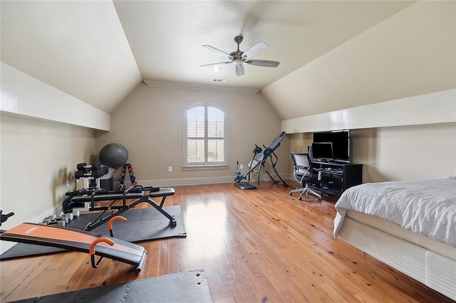 126 Tchefuncta Dr S, Covington, LA 70433 - exercise room with vaulted ceiling, ceiling fan, hardwood / wood-style floors, and baseboards