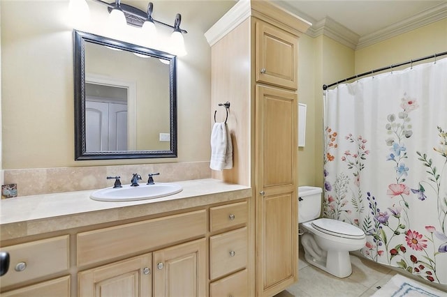 126 Tchefuncta Dr S, Covington, LA 70433 - bathroom featuring vanity, toilet, ornamental molding, tile patterned flooring, and curtained shower