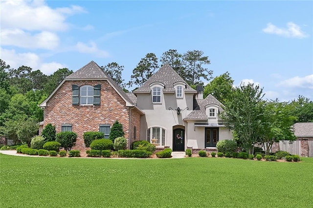 126 Tchefuncta Dr S, Covington, LA 70433 - french country inspired facade featuring stucco siding, a front lawn, french doors, and brick siding