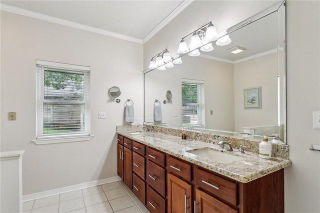 203 Willow Cir, Mandeville, LA 70471 - full bathroom with double vanity, ornamental molding, baseboards, and tile patterned flooring
