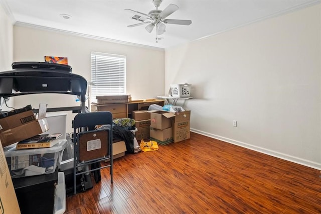 929 Carnation Ave, Metairie, LA 70001 - office area with crown molding, a ceiling fan, and wood finished floors