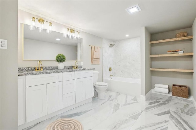 620 River Oaks Dr, New Orleans, LA 70131 - bathroom featuring double vanity, toilet, shower / washtub combination, and marble finish flooring