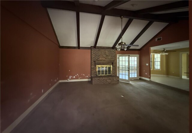 119 Devereux Dr, Slidell, LA 70461 - unfurnished living room with baseboards, a brick fireplace, beamed ceiling, carpet, and ceiling fan