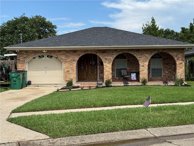 5121 Pike Dr, Metairie, LA 70003 - view of front of house with a shingled roof, concrete driveway, a front lawn, a porch, and brick siding
