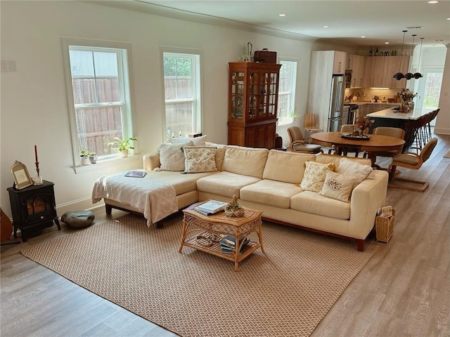 206 E Pecan St, Ponchatoula, LA 70454 - living area with light wood-style flooring, a wood stove, baseboards, and recessed lighting
