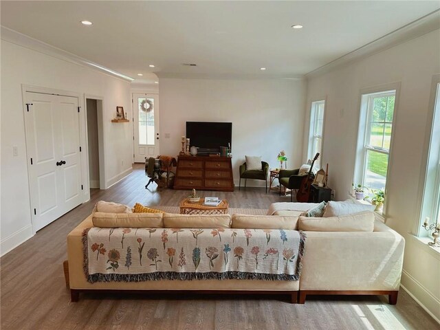 206 E Pecan St, Ponchatoula, LA 70454 - living area with wood finished floors, baseboards, crown molding, and recessed lighting