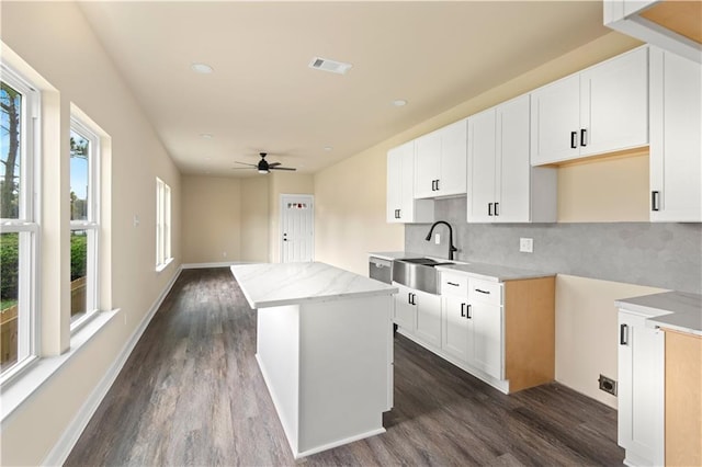 233234 S Liberty St, New Orleans, LA 70113 - kitchen with a sink, dark wood-style flooring, decorative backsplash, a center island, and recessed lighting