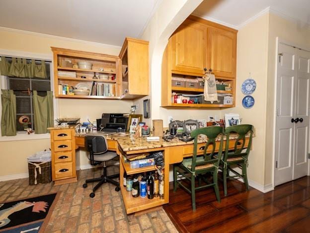 109 Kendrick Dr, Slidell, LA 70461 - office area featuring built in study area, ornamental molding, baseboards, and brick patterned floors