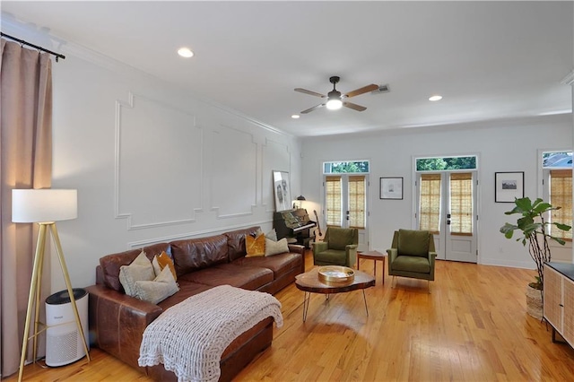 18123 Cusachs Dr, Covington, LA 70433 - living area with ceiling fan, light wood-style flooring, recessed lighting, crown molding, and baseboards